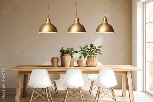 Bright dining room interior with wooden table, chairs and pendant lights