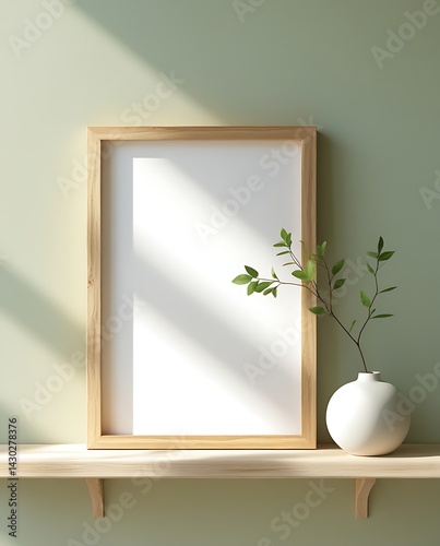 Blank wooden picture frame with natural light and green branch in ceramic vase, perfect for showcasing artwork mockups, poster design, or minimalist branding presentations

