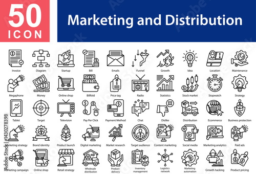 Marketing and Distribution Icon Collection and Symple Concept Black Outline