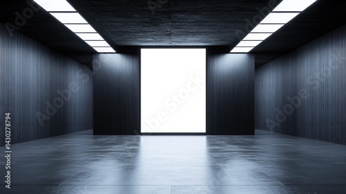 Dark, futuristic interior space with a bright focal point.