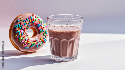 Coffee break with fresh sugary pink donut over white marble background. 