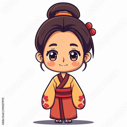 Cute little Korean girl in traditional costume. Vector illustration.