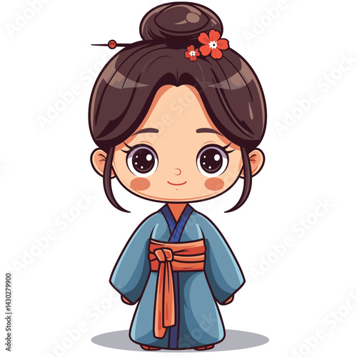Cute kokeshi girl in kimono. Vector illustration