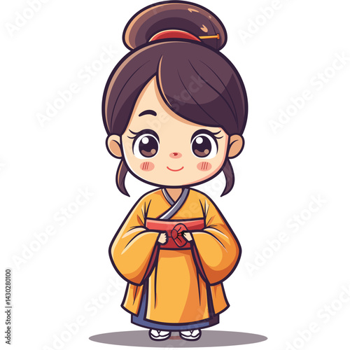 Cute Asian girl in kimono cartoon vector illustration graphic design