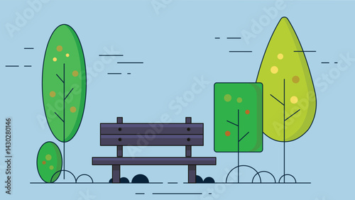 Illustration of a garden bench placed in a peaceful garden setting surrounded by trees, capturing a serene outdoor atmosphere