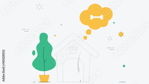 Outline illustration of a dog house with a bone sign, accompanied by a tree on the side, representing a cozy and welcoming space for a dog
