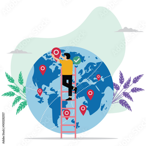 Entrepreneur takes business to global market. Businessman developed company to international level
