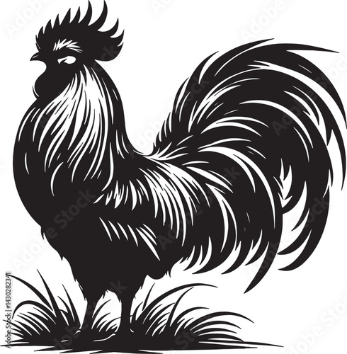 A detailed black and white silhouette illustration of a rooster standing sideways profile view