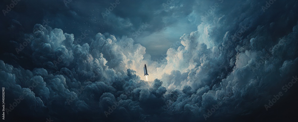 Naklejka premium Spacecraft Breaking Through Storm Clouds: A Journey Beyond Limits