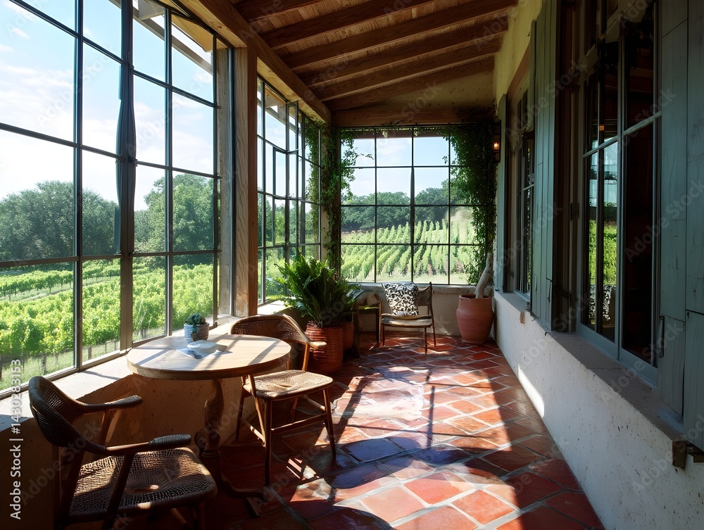 Fototapeta premium Transform Your Hill Country Sun Porch with Terracotta-Tiled Sliding Doors for Inviting Outdoor Living Spaces