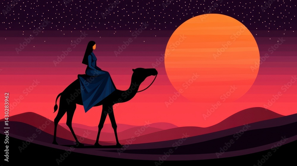 custom made wallpaper toronto digitalWoman in Blue Dress Riding Camel at Sunset in Pixel Art Desert Landscape