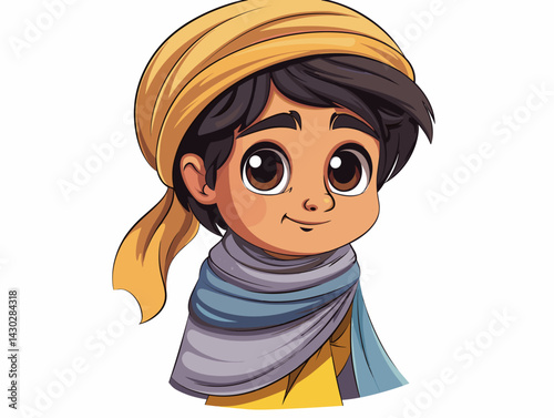 Cute Muslim kid in traditional costume. Vector cartoon illustration.