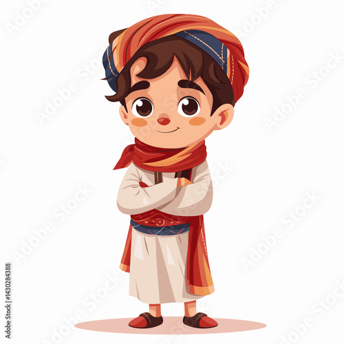 Vector illustration of Cute little boy in turban and traditional clothes