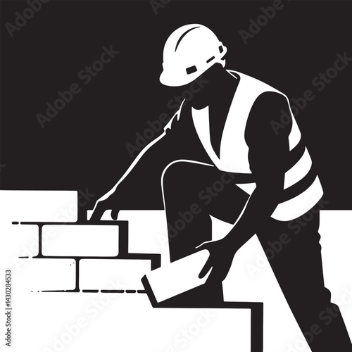 Silhouette of Mason at Work with Trowel and Safety Helmet