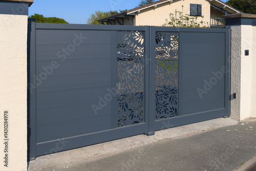 door grey high gray silver modern design entrance slide steel gate aluminum pedestrian portal home suburbs house facade