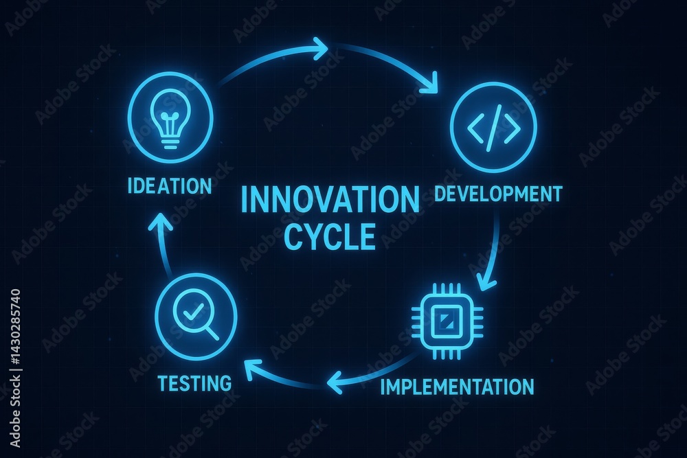 Fototapeta premium Innovation cycle stages: ideation, development, implementation, and testing for successful projects