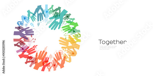 Raised hands in circle. Volunteering, teamwork concert. Together.	
