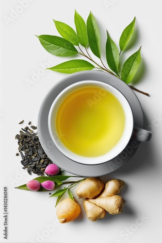 Wallpaper Mural A cup of tea is surrounded by various herbs and spices, including ginger and mint. Concept of relaxation and comfort Torontodigital.ca