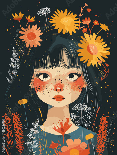 Vector illustration of a girl with flowers in her hair on a dark background