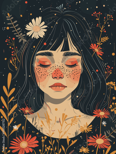 Beautiful girl with flowers in her hair. Vector illustration in retro style.