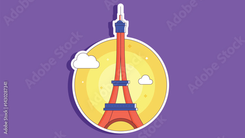 A vibrant colored sticker design of the Eiffel Tower in Paris, featuring bold and lively hues. The sticker captures the iconic French landmark with striking colors