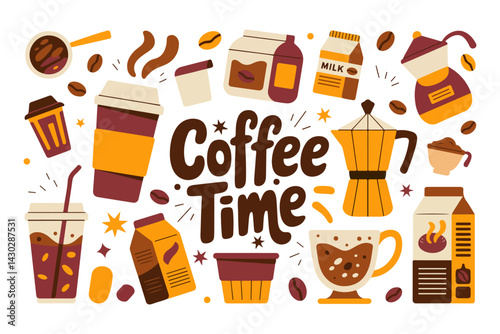 Coffee time! Cute vector illustration of various coffee drinks and brewing equipment.