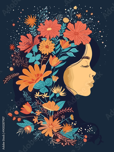 Beautiful girl with flowers in her hair. Vector Illustration.
