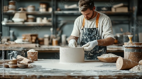 Potter molds clay vessel, crafting in a bright workshop, hands-on