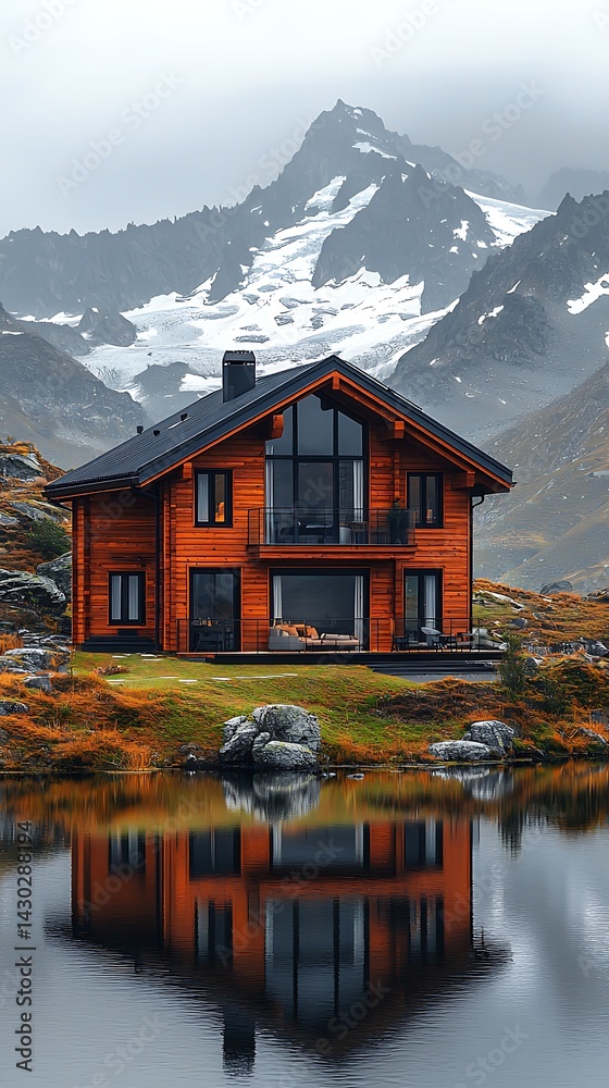 Fototapeta premium Rustic mountain chalet reflecting on tranquil lake