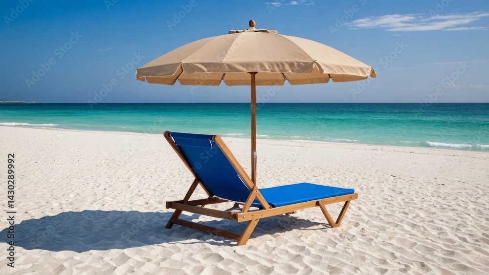 Beach chair under an umbrella on a sunny day, great for relaxation and enjoying the ocean breeze Beach chair under an umbrella on a sunny day, great for relaxation and enjoying the ocean breeze