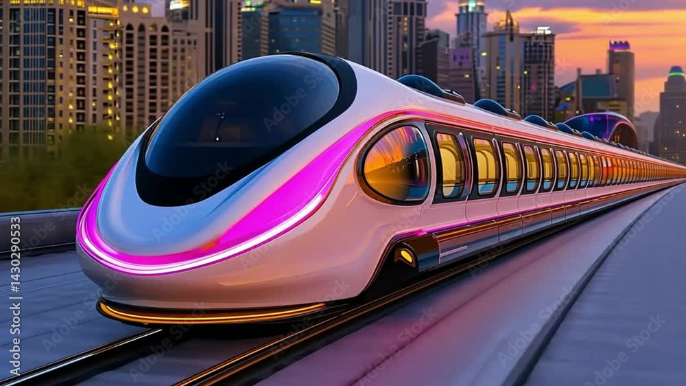 Futuristic high-speed train passing through a smart city at sunset, futuristic high-speed train with neon lights and modern design, futuristic high-speed train transportation for future urban travel