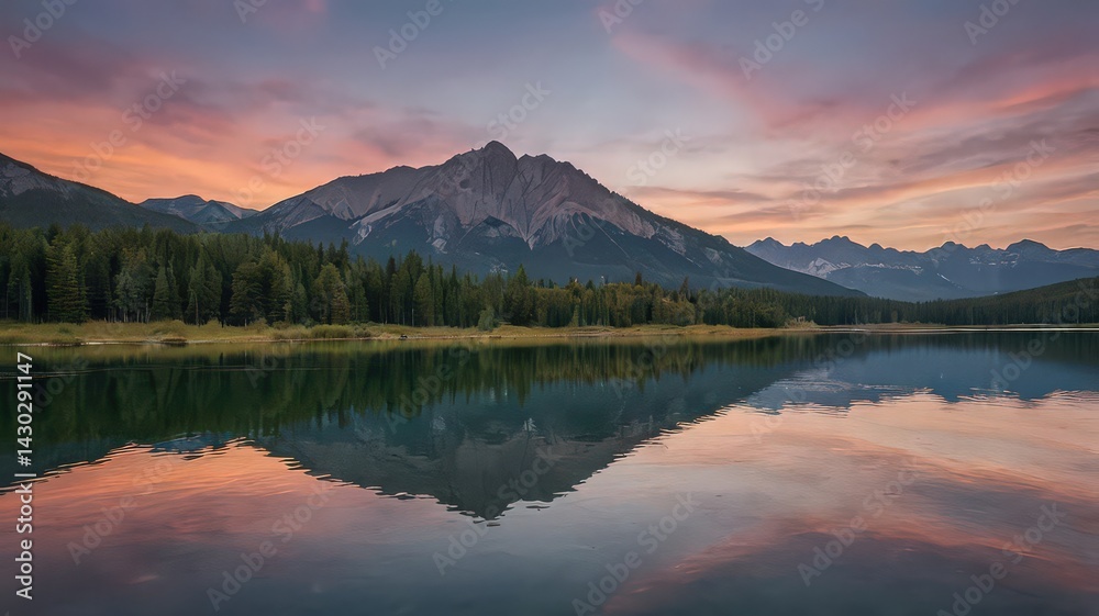 Calm lake reflecting mountains and forest under vibrant sunset sky scenery Calm lake reflecting mountains and forest under vibrant sunset sky scenery