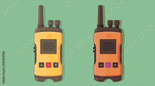Flat design illustration of walkie talkie devices isolated on a background, showcasing communication tools used for two-way radio transmission