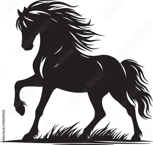 A black silhouette of a horse rearing up on its hind legs with grass at its feet on white background