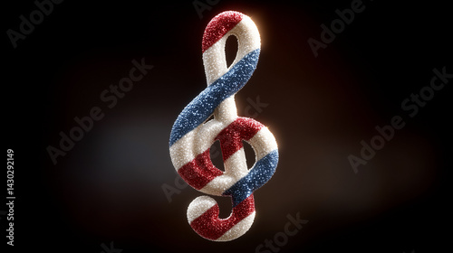 Patriotic Treble Clef: A vibrant treble clef sculpture, adorned with patriotic colors, floats gracefully against a dark, atmospheric backdrop, embodying musical artistry with a nationalistic flair.