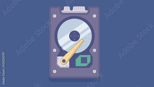 Illustration of an open hard disk, showcasing the internal components for IT repair and maintenance, symbolizing technical troubleshooting and data recovery