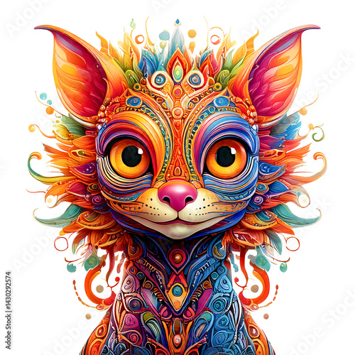 Colorful cat illustration with intricate patterns and vibrant colors, featuring whimsical and playful design. artwork showcases detailed and imaginative style., isolated
