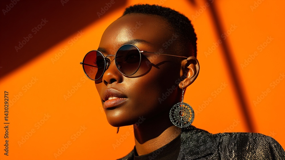 portrait of a cool and modern black woman with sunglasses in front of a orange wall background with copy space