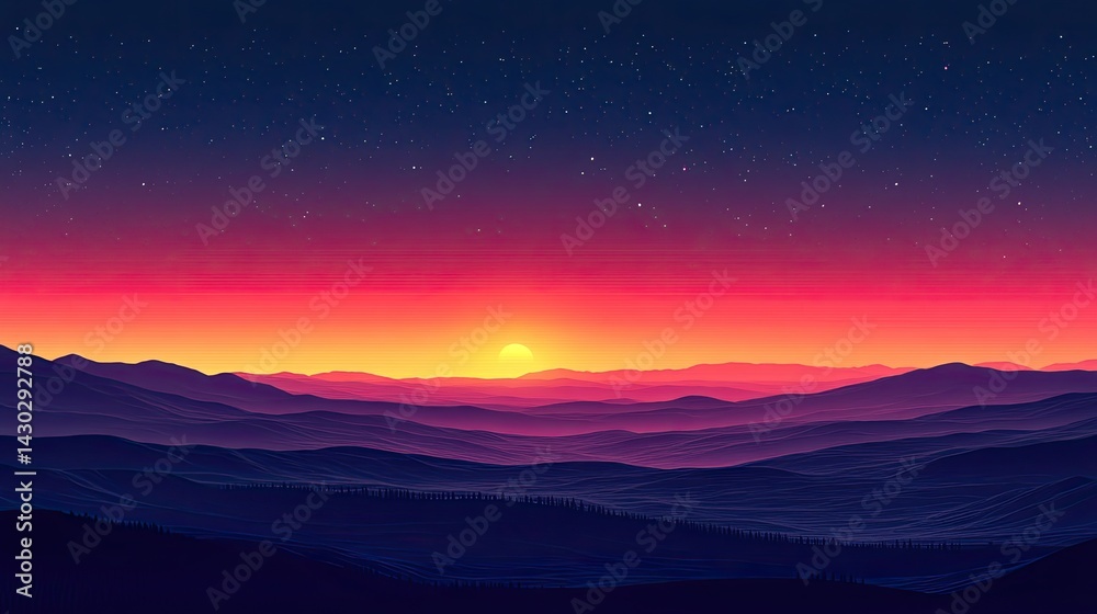 Fototapeta premium Scenic night sky above a sandy landscape, featuring a gradient of colors.