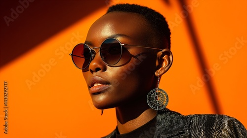 Obraz na płótnie portrait of a cool and modern black woman with sunglasses in front of a orange wall background with copy space w salonie