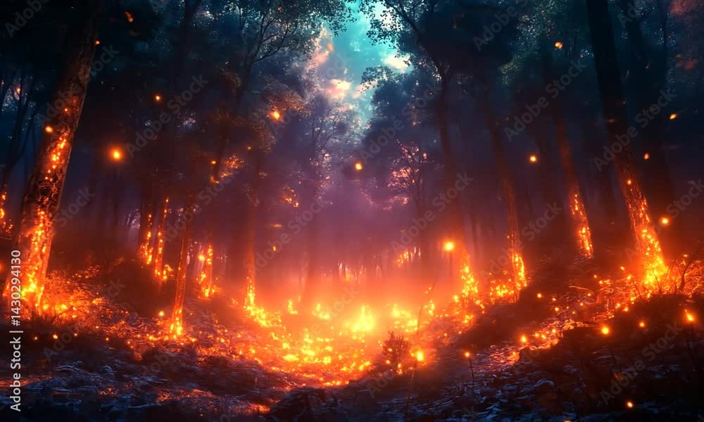 Enchanted forest ablaze with glowing embers, showcasing vibrant colors and mystical ambiance Enchanted forest ablaze with glowing embers, showcasing vibrant colors and mystical ambiance