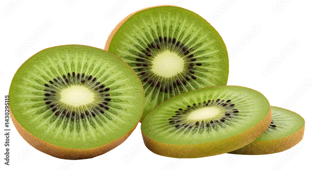Fototapeta premium Freshly sliced kiwifruit showcasing vibrant green flesh and seeds on a clean background, ideal for healthy food imagery