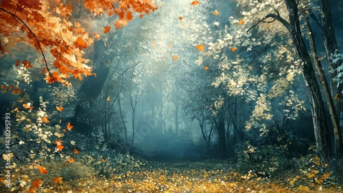Forest path in autumn foliage, sunlight and mist. Nature scene. Serene landscape