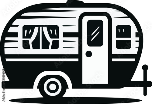 A simple black-and-white illustration of a vintage single-axle camper trailer with curtained windows and rounded design, evoking cozy nostalgia and the spirit of retro travel.