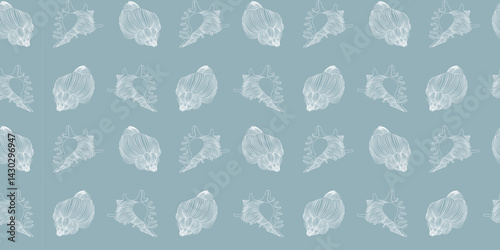 Line art seamless pattern with outline shells and mollusks. Linear illustrations with underwater creatures in white colors.