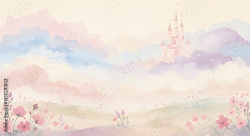 Dreamy Castle Landscape Painting with Pastel Sky and Flower Field