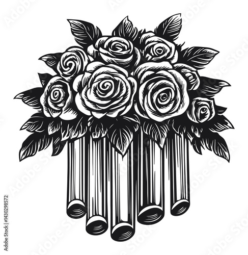 Black and White Engraving of Roses with Pipes Design Illustration