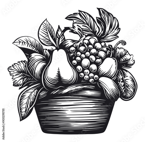 Detailed Black and White Engraving of a Bountiful Fruit Arrangement