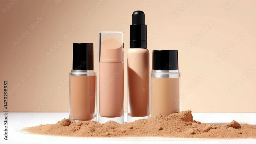 Cosmetic composition: bottles of liquid foundation, concealer, and corrective creams.
