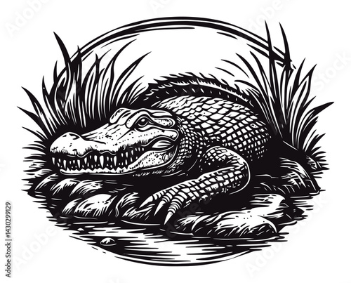 Detailed Engraving of a Crocodile Lurking by the Water's Edge